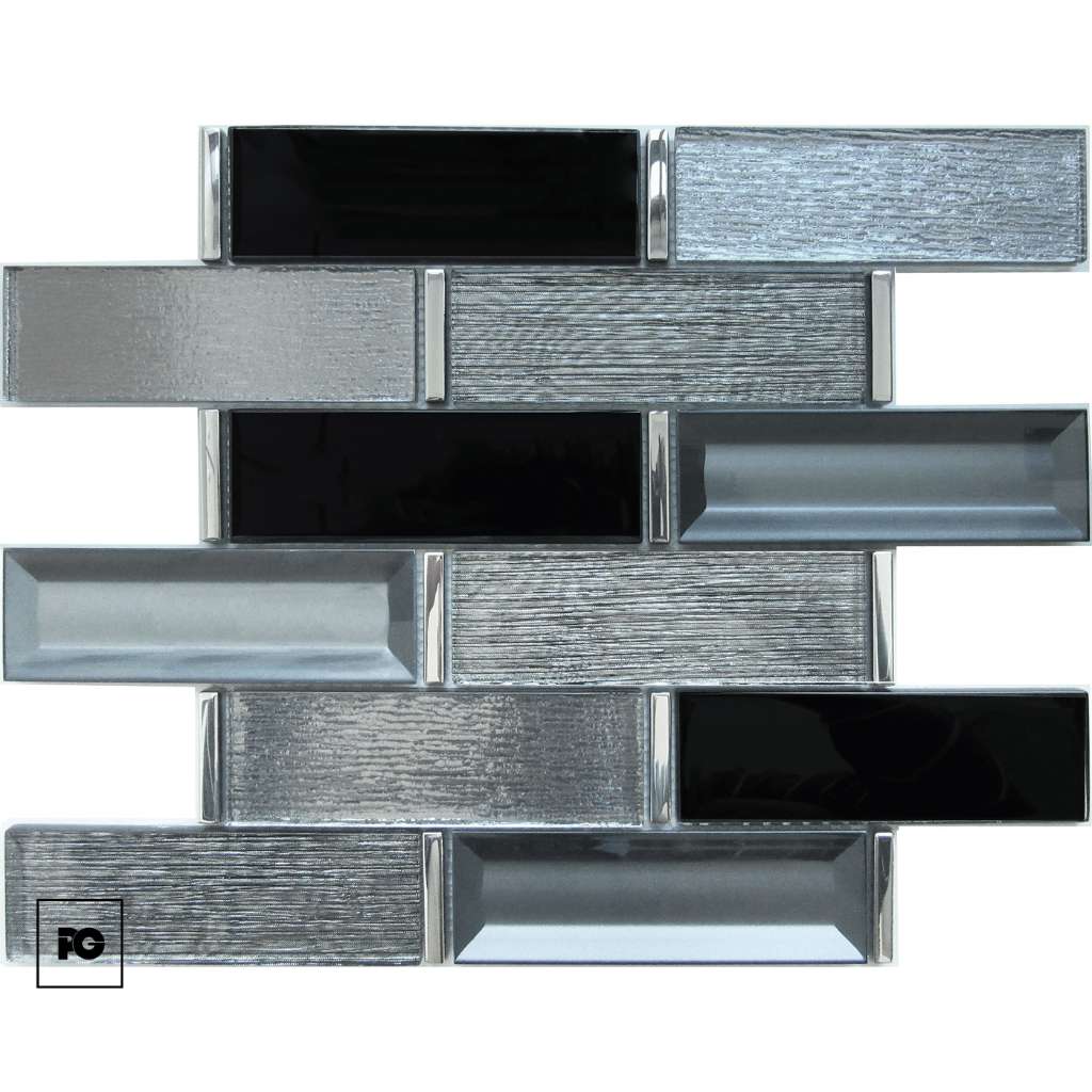 Rectangular metal and glass backsplash tiles in a staggered brick pattern with brushed and glossy finishes in silver-gray tones.